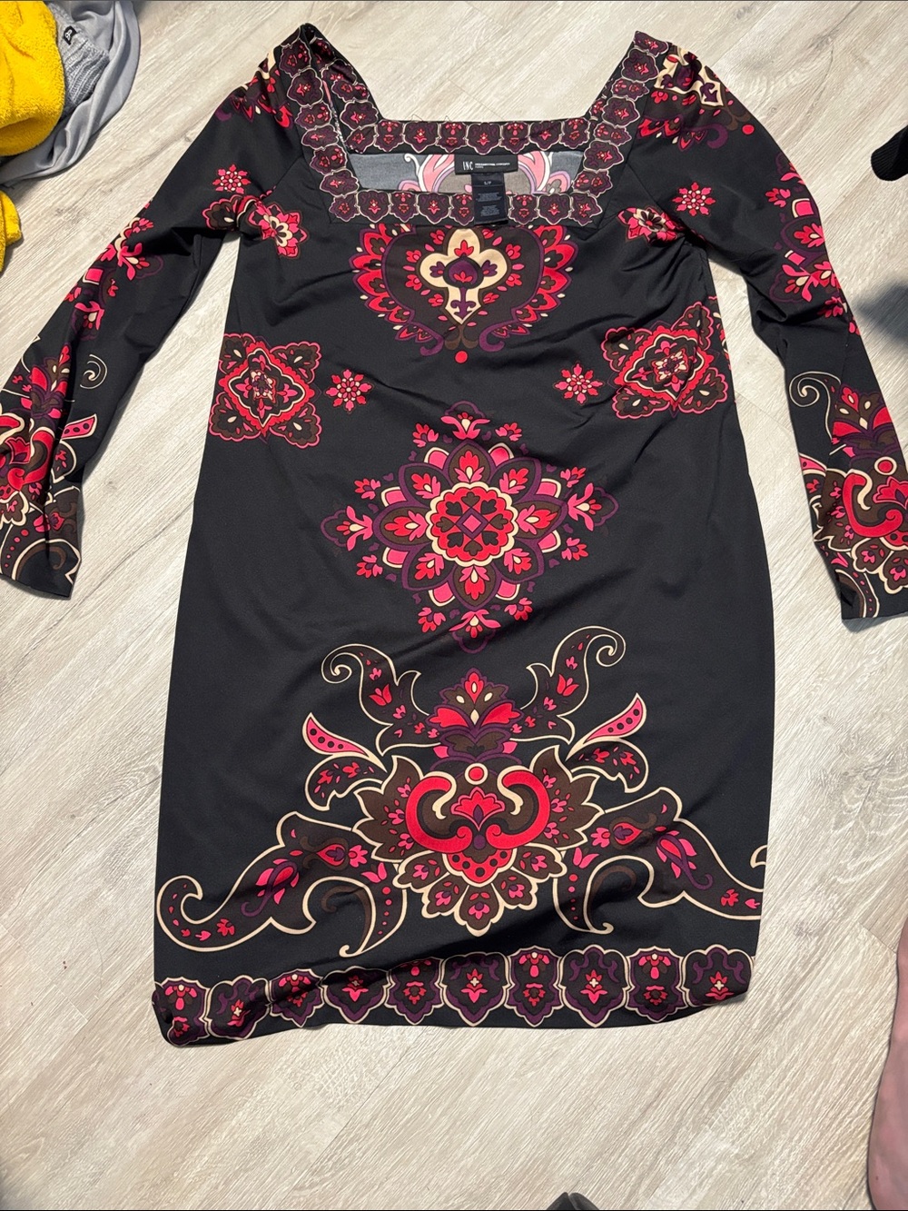 INC International Concepts Black Dress with Red & Pink Floral Medallions